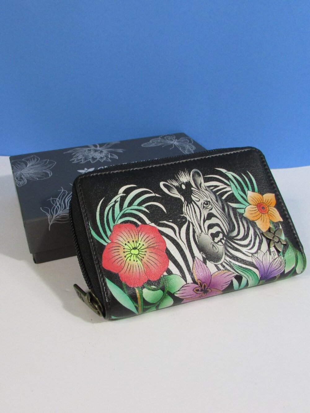 Anuschka hand painted Zebra floral trifold wallet colorful design